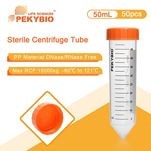 PEKYBIO 50ml Centrifuge Tubes Sterilized Polypropylene Conical Test Tube with Screw Cap Plastic Container with Graduated and Write Marks 50Pcs - size: 50ML Concial Bottom