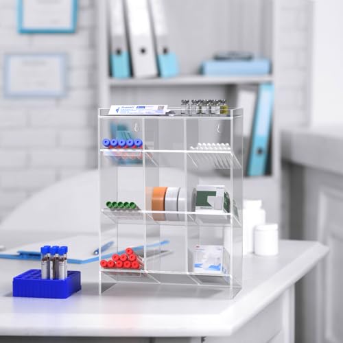 Tube Rack Clear Acrylic 9 Compartment 11.5"W x 5.5"D x 16"H Wall Mount with Hanging Hardware or Countertop Clinics Hospitals Food Industry and Pharmaceutical by Marketing Holders - size: 9 Compartment