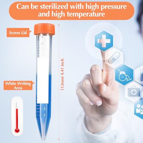 Konohan 200 Pack Plastic Conical Centrifuge Tubes with Screw Caps Graduated and Write Marks for Sample Centrifuge Leak Proof Tubes for Science Project Labs Supplies DIY Craft Organizer Storage(15 Ml)