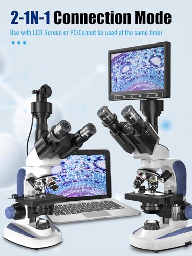 VITANO Microscope for Adults with 40X-2500X Magnification, Dual-View Lab Trinocular Compound Microscope with 7''Screen, Double Layer Mechanical Stage, Dual Illumination, Built in Camera (Blue)