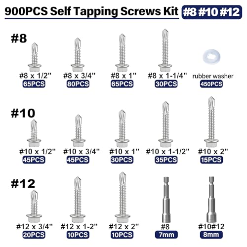 900PCS #8#10#12 Self Tapping Screws for Metal, 410 Stainless Steel Hex Washer Head Self Drilling Sheet Metal Screws Assortment Kit with Rubber Washers - color: Silver