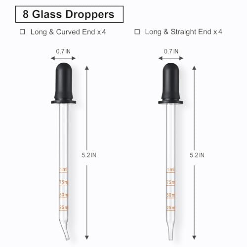 8 Pack, 1 mL Glass Eye Dropper with Measurement - Long Bent & Straight Tip Calibrated Glass Medicine Droppers, Accurate Dose Pipette Dropper for Essential Oil, Feeding, Ear, Eye, Lab, Health, Beauty - style: 8PCS-Long