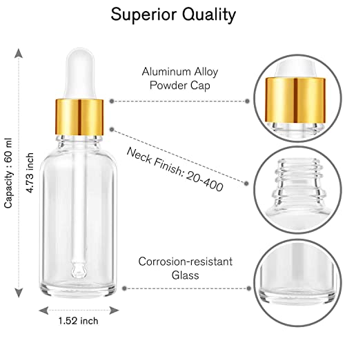 PrettyCare Glass Eye Dropper Bottles 2oz (60ml), 63 Pack Clear Empty Thick Bottles Bulk with Leakproof Golden Caps - With Labels & Funnels for for Storage, Travel,Essential Oils, DIY Serums, Tincture - color: 2oz Clear, style: 63 Pack