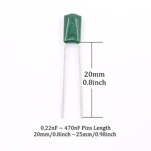 Hilitchi 700Pcs 24-Value Mylar Polyester Film Capacitor Assortment Kit - 0.22NF to 470NF / 100V - color: Green-Mylar Capacitors