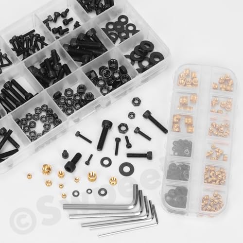 Swpeet 595Pcs M2 M2.5 M3 M4 M5 12.9 Alloy Steel Hex Socket Screws and Brass Threaded Inserts with Nuts Washers Wrench Assortment Kit, Black Zinc Plated Hex Socket Screws Nuts Washers - style: N1