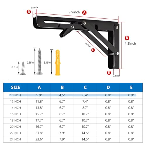 Folding Shelf Bracket 10 inch 2PC Wall Mounted Collapsible Shelves Brackets Heavy Duty Foldable Workbench Bracket DIY Wall Table Hinges for RV Countertop Extension Gargage Workstation Table Supports - size: 10 Inch