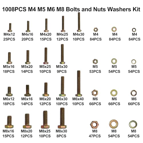 1008 Pcs Metric Bolt Assortment, Metric Bolts and Nuts Assortment Kit - size: 1008PCS Metic Hex Bolt Kit M4~M8, Grade 8.8