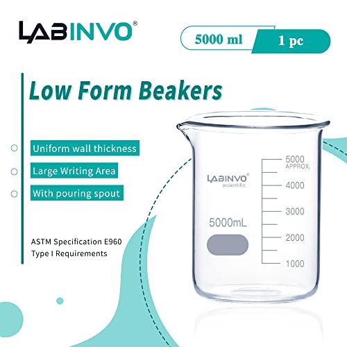 Low Form Graduated Glass Beaker, Vol.5000ml/5 liters, 3.3 Borosilicate Glass Beaker Set, IN-BKL5000 - style: 1 PC of 5000 mL