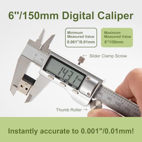All-Metal Digital Caliper 0-6" Measuring Tool, Micrometer Caliper with Auto-Off Feature, Interchangeable Between inches and millimeters for DIY/Household and 3D Printing
