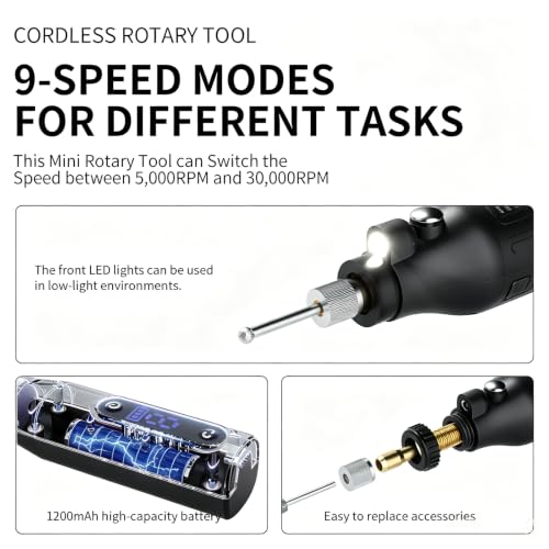 Cordless Rotary Tool Kit - 9-Speed Adjustable with USB Charging | Multi-Purpose Engraving Pen for Sanding, Polishing, Drilling & DIY Crafts | Includes 3D Printing Accessories (Black with Light) - color: Black With Light