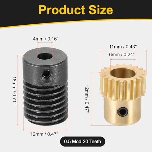 uxcell Worm Gear Set 20T 0.5 Module 20:1 Reduction Rate, Right Rotation Drive Gear Box Wheel Reduce Transmission Part (Brass Gear-6mm Bore, #45 Steel Rod 4mm Bore) - size: Gear-6mm, Rod-4mm Bore, style: 0.5M-20T