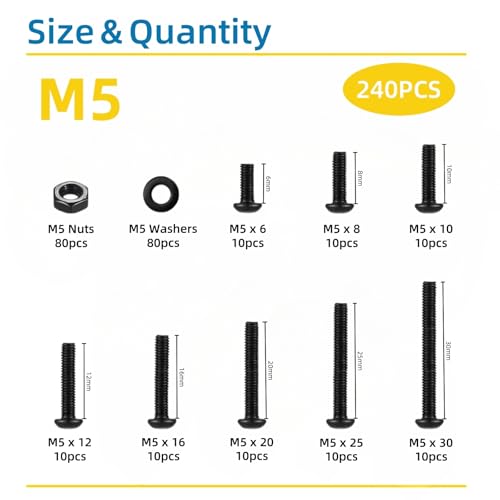 240 Pcs M5 Screws Assortment Kit, M5x6mm/8mm/10mm/12mm/16mm/20mm/25mm/30mm, Metric Hex Button Head Socket Cap Screws Nuts Washers Kit with Wrench, Black Zinc Plated - style: M5 240Pcs 6mm-30mm