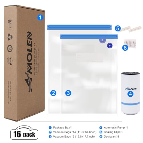 AMOLEN 28PCS Filament Vacuum Storage Kit with Automatic Pump, 16 Bags with Two Sizes Vacuum Sealed Bags for 3D Filament, Spool Sealing for Keeping Dry and Clean