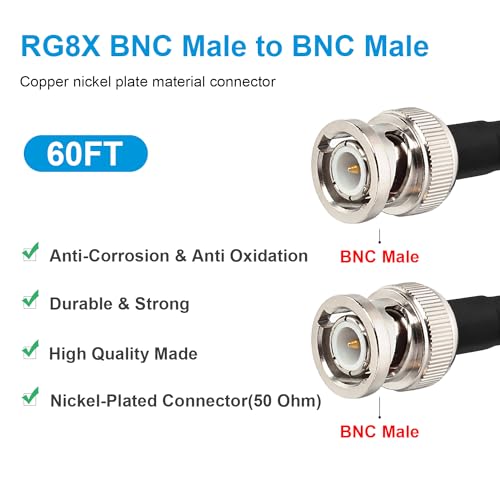 MOOKEERF RG8X BNC Male to BNC Male Coaxial Cable 60FT 50 ohm Ultra Low Loss for Antenna, RF Radio, Modem, Oscilloscope, Spectrum, Analyzer, Signal Generator - size: 60FT