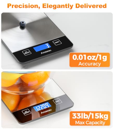 Atogou Food Scale Rechargeable - 33lb Digital Kitchen Scale Ounces Grams - color: Grey