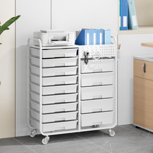 14 Drawer Rolling Storage Cart with Tabletop and Pegboard for Crafts White - color: White