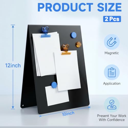 2 Pcs 12 x 10 Inches Black Magnetic Bulletin Board Tabletop, Black Magnet Display Board Tabletop, Magnet Display Board Standing for Home, School, Kitchen, Office Decoration