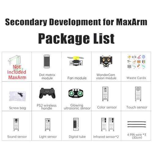 Secondary Development for MaxArm Upgrade, Sensor Kits, WonderCam Vision Module, PS2 Handle, Glowing Ultrasonic, Color/Touch/Sound/Light/Digital Tube Sensors (Not Included MaxArm Robot Arm)