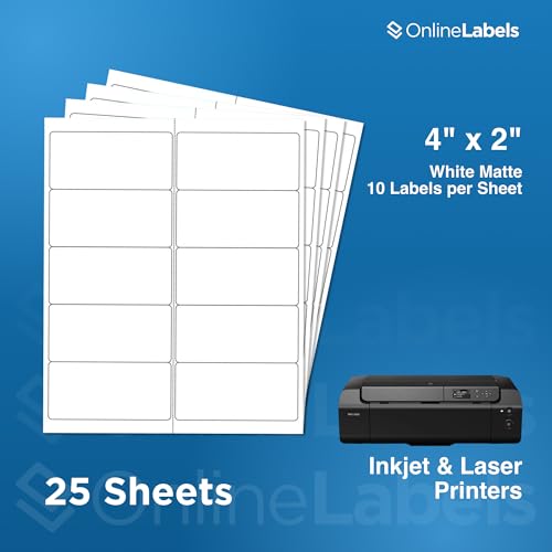 OnlineLabels 4" x 2" Labels - White Matte - 25 Sheets - size: 25 Sheet Pack