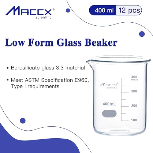 13.5oz(400ml) Sturdy Glass Beaker, 3.3 Borosilicate Griffin Low Form with Printed Graduation, Pack of 12, BKL400-012 - style: Vol.400ml, Pack of 12