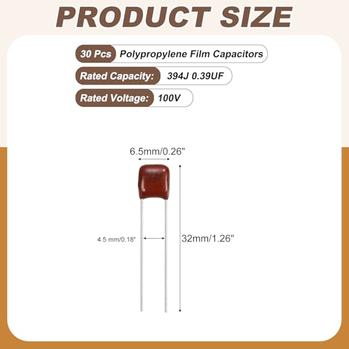 MECCANIXITY 30 Pcs Metallized Polypropylene Film Capacitors 394J 0.39UF - size: 394J 0.39UF