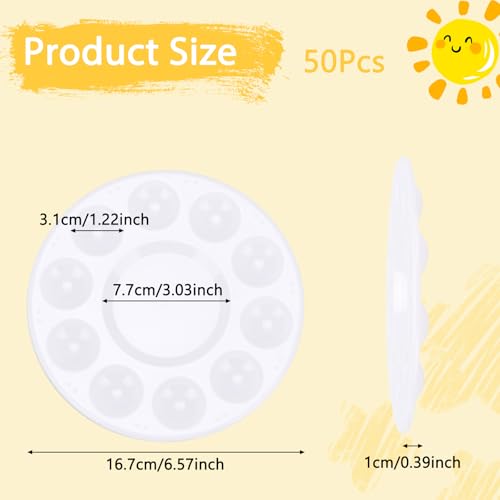 50Pcs Paint Palette Trays, 10-Well Plastic Paint Tray with Central Mixing Area, Reusable Watercolor Palette for Artists, Kids, Classroom, DIY Crafts, Cupcake Decorating (6.6 x 6.6 Inches)