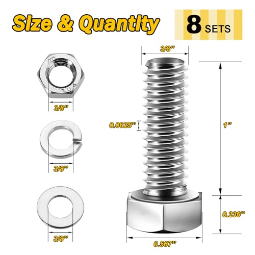 Mywish (8 Sets) 3/8-16x1 Hex Head Assorted Screws Nuts and Bolts with Flat & Lock Washers, 304 Stainless Steel 18-8, Fully Threaded, 3/8 Bolt Metric Bolt Assortment - size: 3/8-16 x 1 (8 set)
