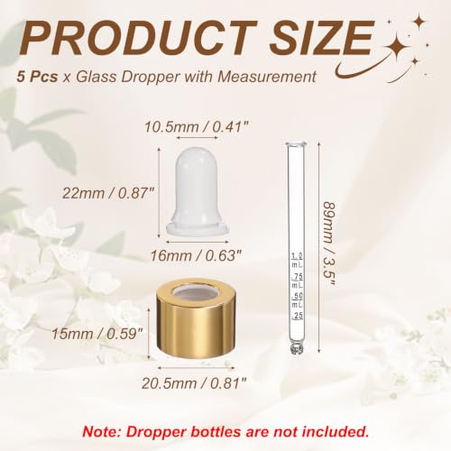 PATIKIL Glass Eye Dropper, 5 Pcs Droppers Liquids Closure Top with Measurement mark for 50ml(1.7oz) Glass Bottles Liquids Essential Oils Dispenser Perfume Storage Lab, White/Gold Top - color: White/Gold Top, size: 1.7oz