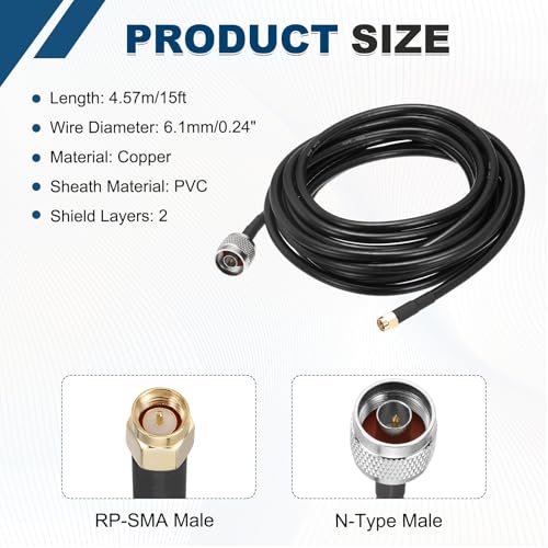 MECCANIXITY KMR240 Coax Extension Cable 50ohm 15Ft SMA Male to N-Type Male - size: 15ft