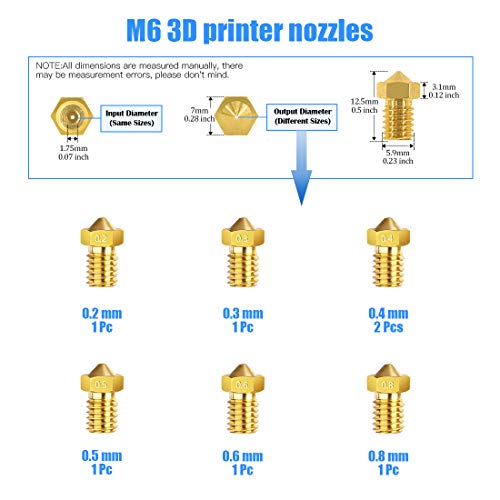 Glarks 29Pcs 3D Printer Nozzle with Nozzle Replacement Tool Kit, 6Pcs 0.2mm,0.3mm, 0.4mm, 0.5mm, 0.6mm, 0.8mm Brass Nozzle and 18Pcs Cleaning Needles and 3Pcs Nozzle Change Tool with Tweezer