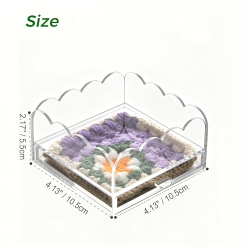 Scalloped Acrylic Tray with Slide-Out Drawer for Needlepoint Inserts, 4x4 Inch Clear Display Case for Photos, Art & Embroidery, Decorative Trinket Jewelry Organizer with Polished Wavy Edges