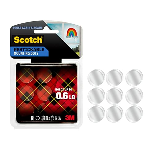 Scotch Restickable Mounting Dots, Clear, 7/8-Inch Circles, 108 Pack (6 Packs of 18)– Reusable Double-Sided Adhesive for Photos, Posters, and Lightweight Items