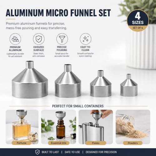 Small Metal Funnels Mini Funnel Tiny Bottle Funnel, Miniature Atomizers, Flask, Perfume, Essential Oil, Powder, Pet Capsule,Various Sizes(4 Aluminum 4 Plastic)