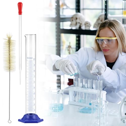 QWORK 100 mL Thick Glass Graduated Cylinder with Bumper Guards & Cylinder Brush, Measuring Liquid Lab Cylinders