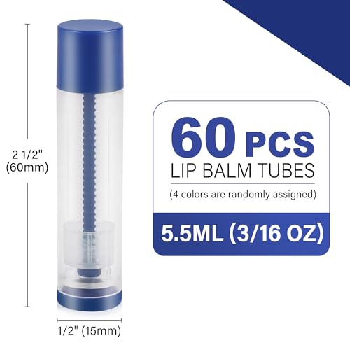 LotFancy Lip Balm Tubes, 60 Empty, 5.5ml, Clear Plastic Containers with 4 Color Caps, BPA Free, Leak Free, Refillable (Yellow White Blue Red) - color: Blue+White+Yellow+Red