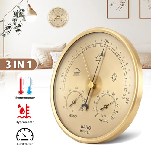 3-in-1 Wall Mount Weather Station, Analog Thermometer Barometer Hygrometer, Precise Fahrenheit Readings, All Season Monitor for Home Garden Office Indoor Outdoor Use- Golden