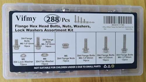 M6-1.0 Flange Bolt & Nut(12/16/20/25/30mm) Assortment Kit Stainless 288Pcs - size: SS Metric M6
