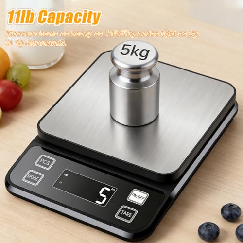 Waterproof Kitchen Scale, 5kg/11lb Food Scale Precisely Measures Grams and Ounces for Baking and Cooking, Stainless Stee Digital Scale with Backlight for Food - style: Rechargeable / 11lbs
