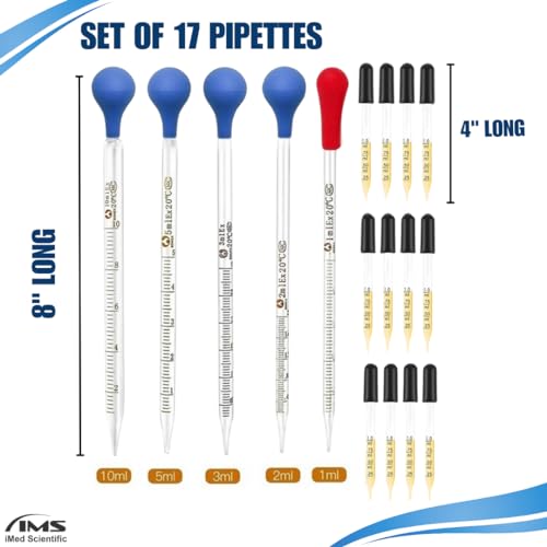 Multipurpose 17 Pcs Lab Pipettes Graduated Droppers 1ml 2ml 3ml 5ml 10ml Calibrated Glass with Suction Bulbs Fluid & Liquid Transfer Set for Science Classroom Experiments School Laboratory Supplies