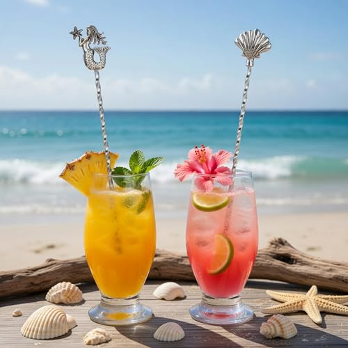 Homestia 12 Inch Bar Spoon, 2 Pcs Cocktail Spoon wIth Mermaid Shell Decor - color: 2PCS Seashell + Mermaid + Silver