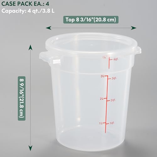 CURTA 4 Quart Translucent Round Food Storage Container with Lid, Pack of 4 – NSF Listed, BPA-Free, Commercial-Grade Polypropylene, Freezer & Dishwasher Safe, Non-Stick, Easy-Read Graduations - color: 4 qt.