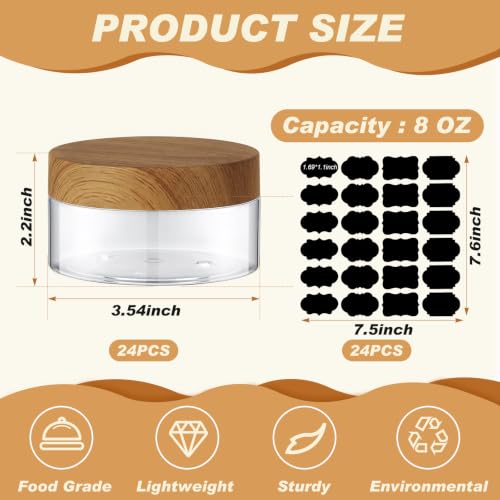 24 Pack 8 oz Clear Round Cosmetic Jars with Dark Wood Grain Lids and Labels - color: Clear with Dark Wood Lid, size: 8 oz