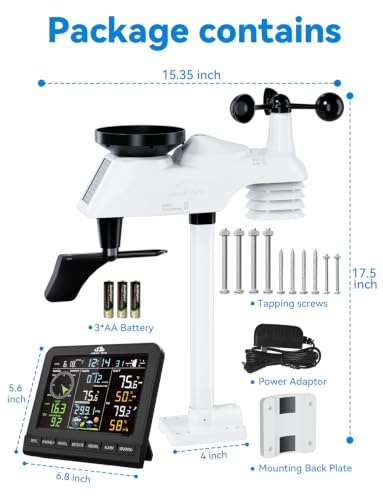 Wireless Weather Station, with Rain Gauge, Atomic Clock, Wind Speed/Direction, Indoor Temperature/Humidity, Barometer, Alarm Clock, Moon Phase, Weather Forecast, etc. (No WiFi)