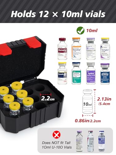 Peptide Case for Fridge, 12 Slots 10ml Vials Holder, Insulin Vial Travel Organizer, Diabetes Medication Storage Case for Daily Use (Black) - color: 10ml-12 Slot-black With Red Snap Button