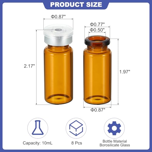 PATIKIL 10ml Sample Vials, 8 Pack Lab Empty Vials with Butyl Rubber Stopper and Crimp Top Caps Borosilicate Glass Vial, Amber - color: Amber, size: 10ml