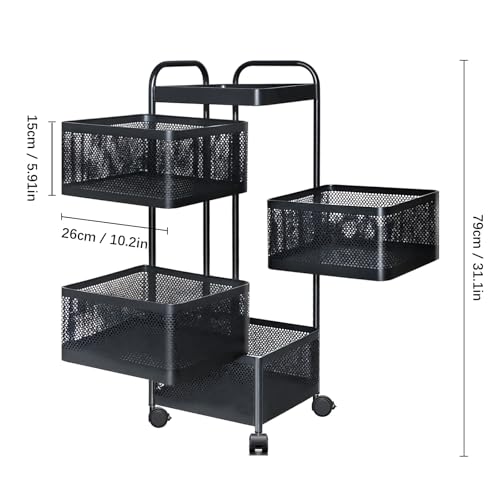 Rotating Kitchen Storage Rack, 4 Tier Rolling Cart with Fruit and Vegetable Basket, Black Storage Organization Dolly Cart with Wheels for Bathroom, Kitchen and Bedroom