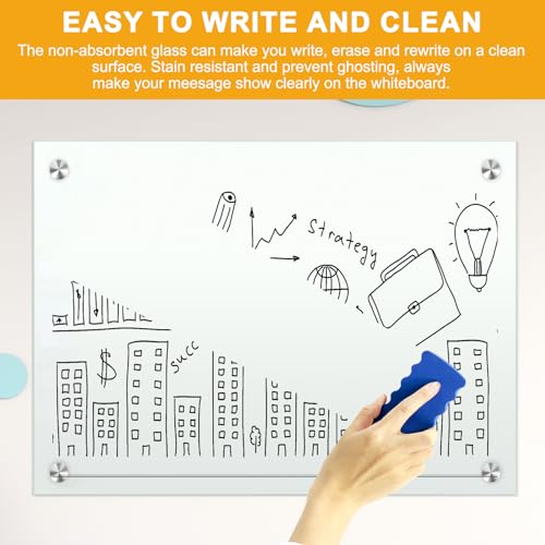 H-Qprobd Dry Erase White Board for Wall 72"x40" Magnetic Glass Frameless Whiteboard Mount for Home School Supplies or Home Office Decor, Includes 8 Magnets, 8 Markers and 2 Erasers - size: Glass 72"x40"
