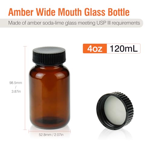 PEKYBIO 24 Pack 120ML Amber Glass Wide Mouth Packer Bottle with Cap - size: 120 mL (4 fl oz) Packer Bottle