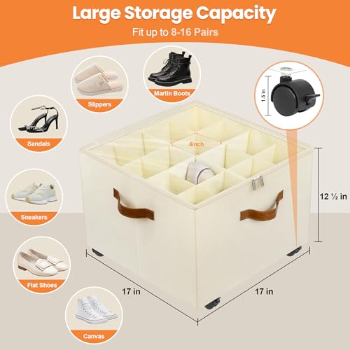 Foyego 2 Pack Shoe Organizer for Closet, Shoe Storage with Wheels, Beige - color: Beige, size: 17"L x 17"W x 12 ½"H-2 Pack