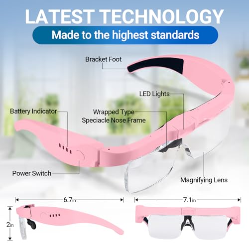 Magnifying Glasses with 3 LED Lights,Storage Case,Head Strap,5 Lenses - color: Pink With Storage Case